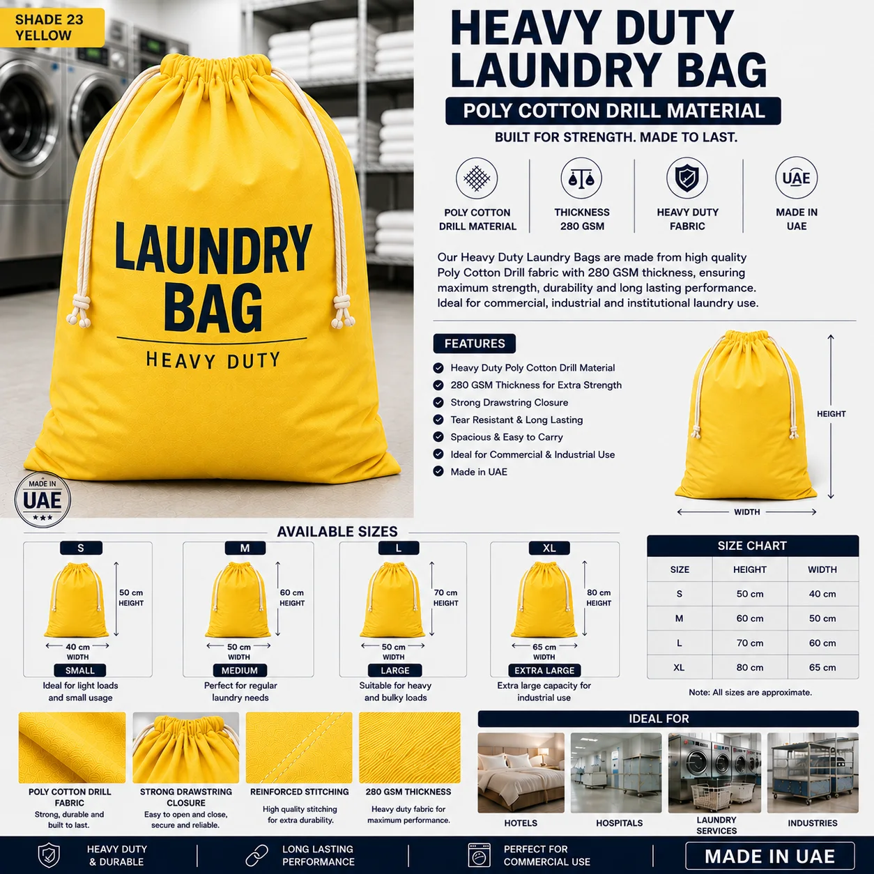 Yellow Heavy Duty Drill Commercial Laundry Bag full view
